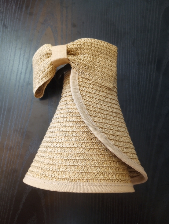Brown Collapsible Raffia Woven Wide-Brim Sun Hat Bow Visor Foldable Open-top main image 5